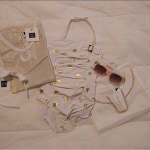 Janie and Jack White Swimsuit with Gold Elephant Print and Gold Accents